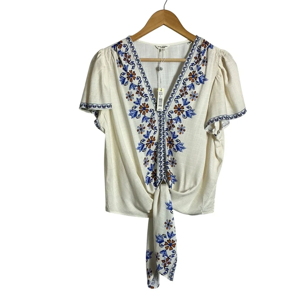 Max Studio Large Ivory Tie Front Flutter Sleeve Top V-Neck Boho Peasant NEW